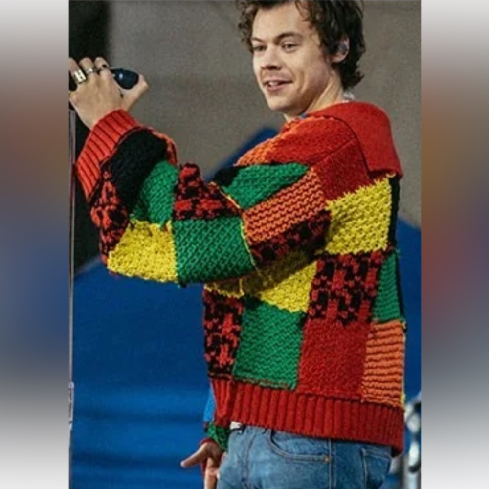 “HARRY STYLES” RARE HANDKNIT HANDCRAFTED Sz M/L Colorful Patchwork button Cardi